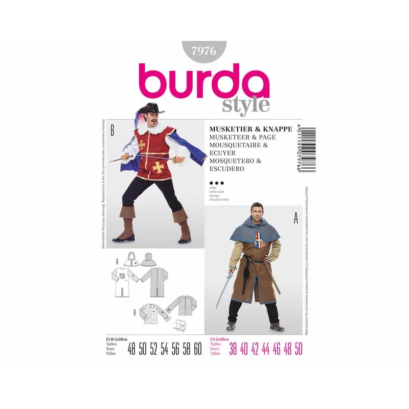 Schnittmuster Faschingskostüm für Herren MUSKETIER & KNAPPE, burda style 7976