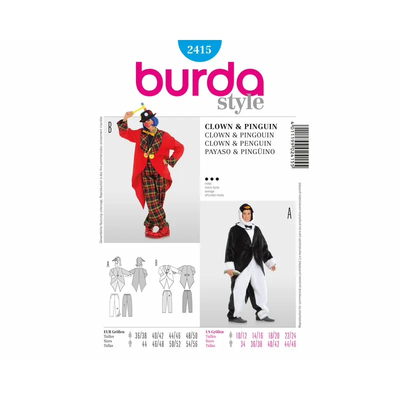 Schnittmuster Faschingskostüm für Herren und Damen PINGUIN UND CLOWN, burda style 2415