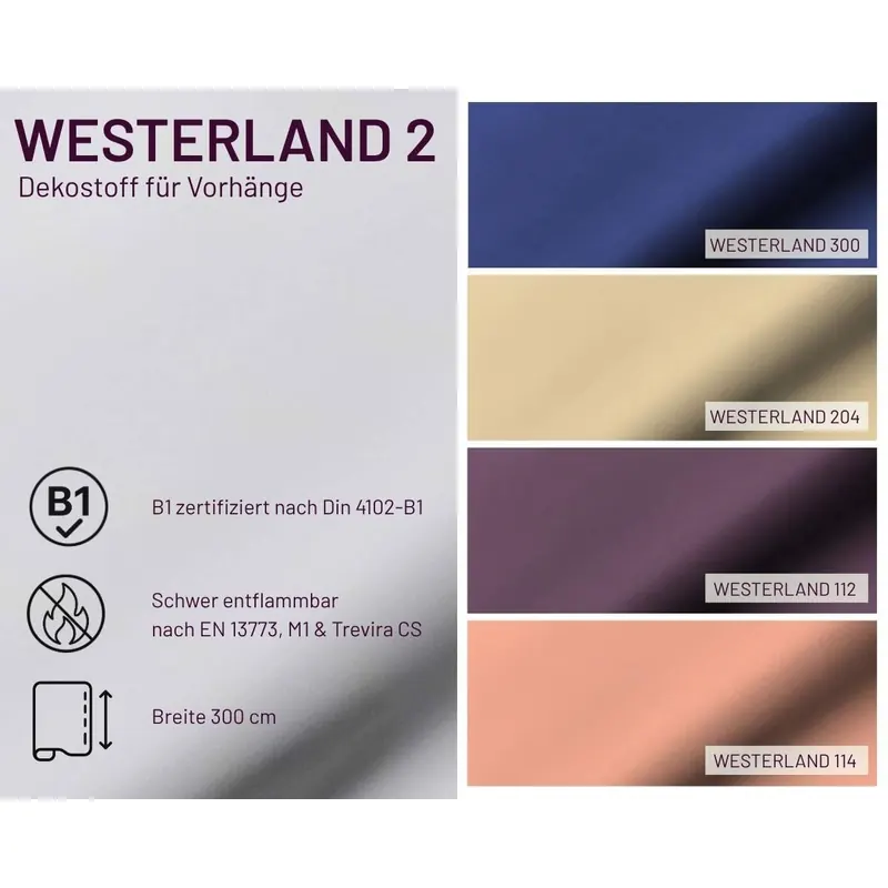 Schwer entflammbarer Dekostoff WESTERLAND 2 Trevira CS, Überbreite, Saum & Viebahn
