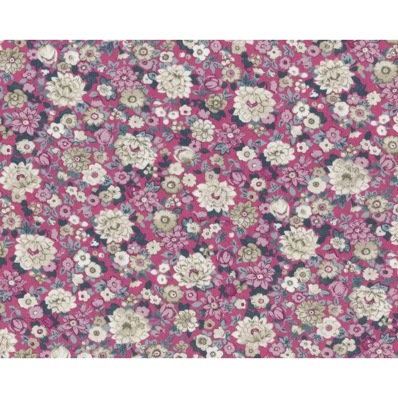 Schwererer Viskosestoff in Köperbindung BLOMMAS, Blüten-Wiese, gedecktes pink-wollweiß