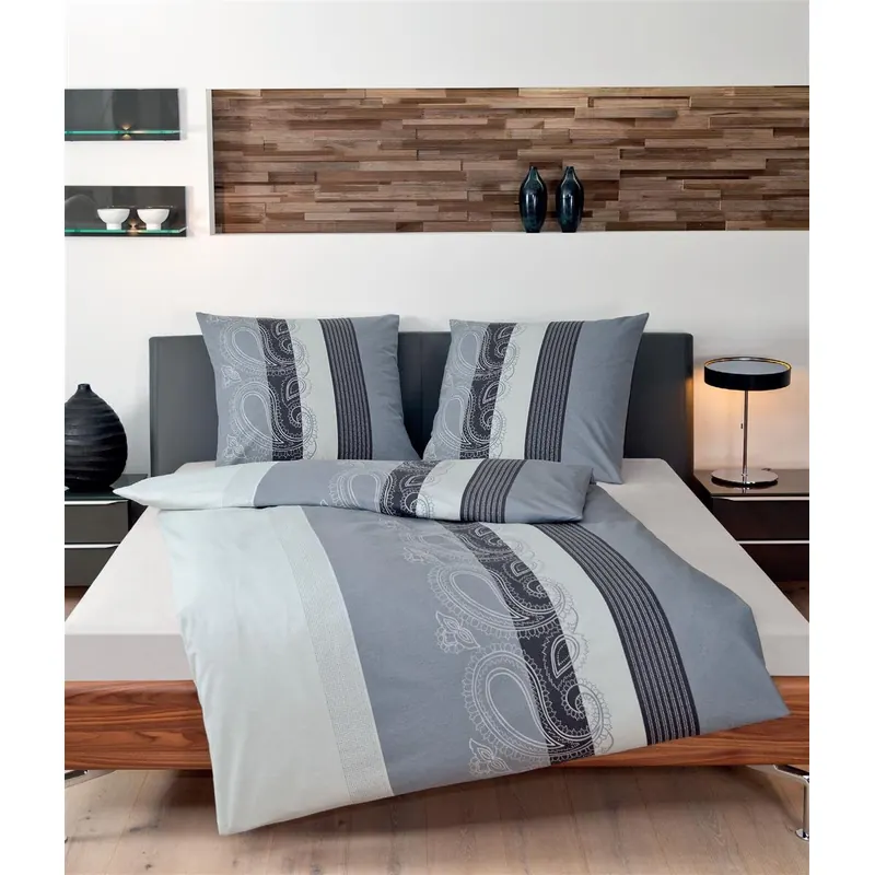 Soma Feinbiber Wende-Bettwäsche Davos 6456-08 155x220 cm + 80x80 cm Bordüre paisley Streifen silber Anthrazit grau