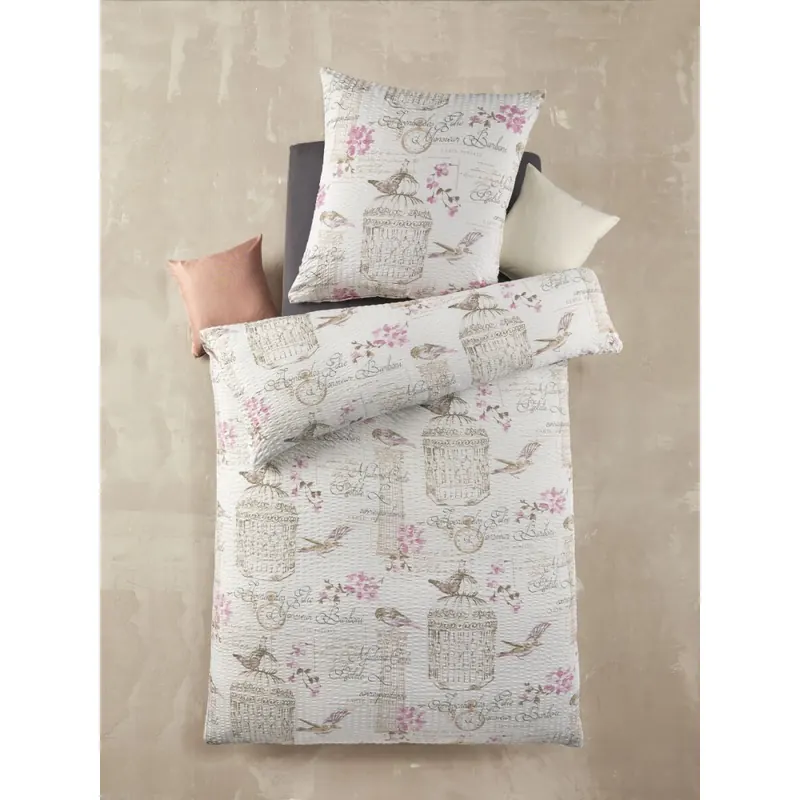 Soma Mikrofaser Seersucker Bettwäsche 135 x 200 cm Bettbezug 135 cm x 200 cm  Kopfkissenbezug 80 x 80 cm Bird weiss / beige / rose