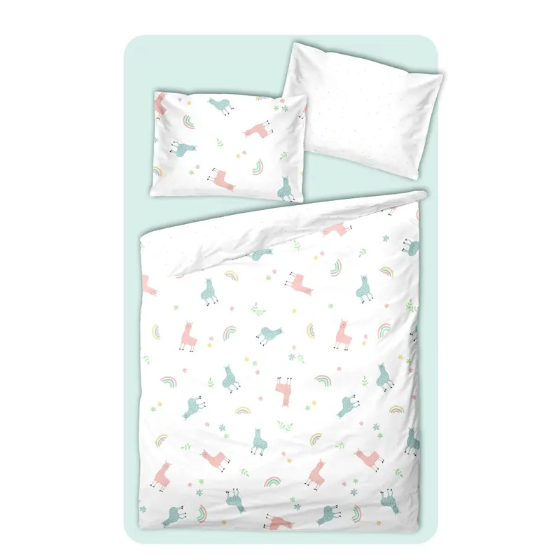 Soma Perkal Baby Wende Bettwäsche 100 x 135 cm Bettbezug Kopfkissenbezug 40 x 60 cm Alpaka Lama Regenbogen weiß bunt Set inklusive passendem Jersey Spannbetttuch 70/140 cm