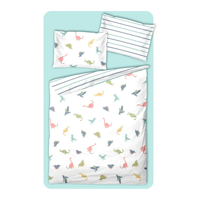 Soma Perkal Baby Wende Bettwäsche 100 x 135 cm Bettbezug Kopfkissenbezug 40 x 60 cm Dino bunt Dinosaurier weiß Set inklusive passendem Jersey Spannbetttuch 70/140 cm