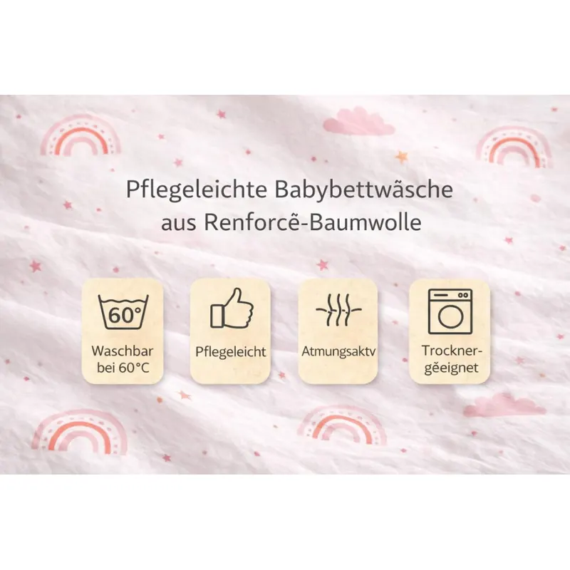 Soma Renforcé Baby Wende Bettwäsche 100 x 135 cm Bettbezug Kopfkissenbezug 40 x 60 cm Regenbogen Wolke pink rosa weiß