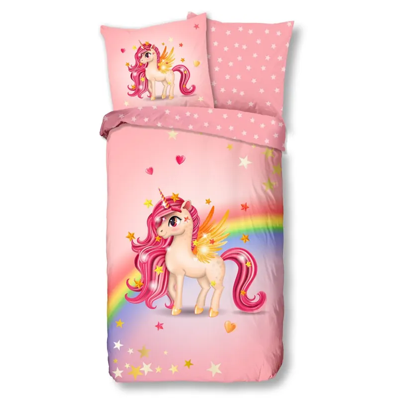 Soma Renforcé Bettwäsche Regenbogen Set 2 teilig Bettbezug 135x200cm Kopfkissenbezug 80x80cm Einhorn pink