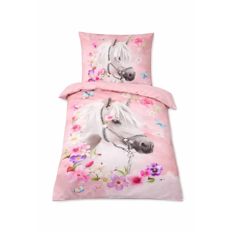 Soma Renforcé Bettwäsche-Set 2 teilig Bettbezug 2tlg 135x200cm 80x80 Pferde Bettwäsche rosa pink