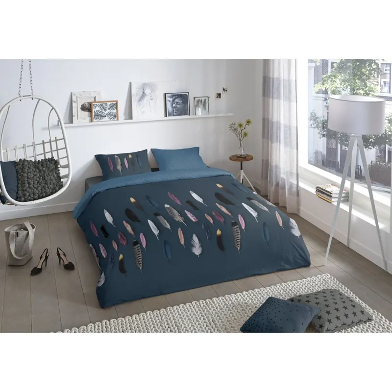 Soma Renforcé Pastell Bettwäsche-Set 2 teilig Bettbezug 2tlg 135x200cm Kopfkissenbezug 80x80cm (Federn blau)