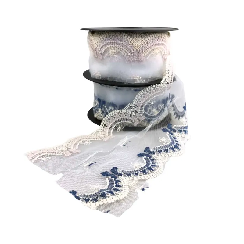 Spitzenband ALURA mit Bogenkante und Blumenmuster, 55 mm, rosa und blau