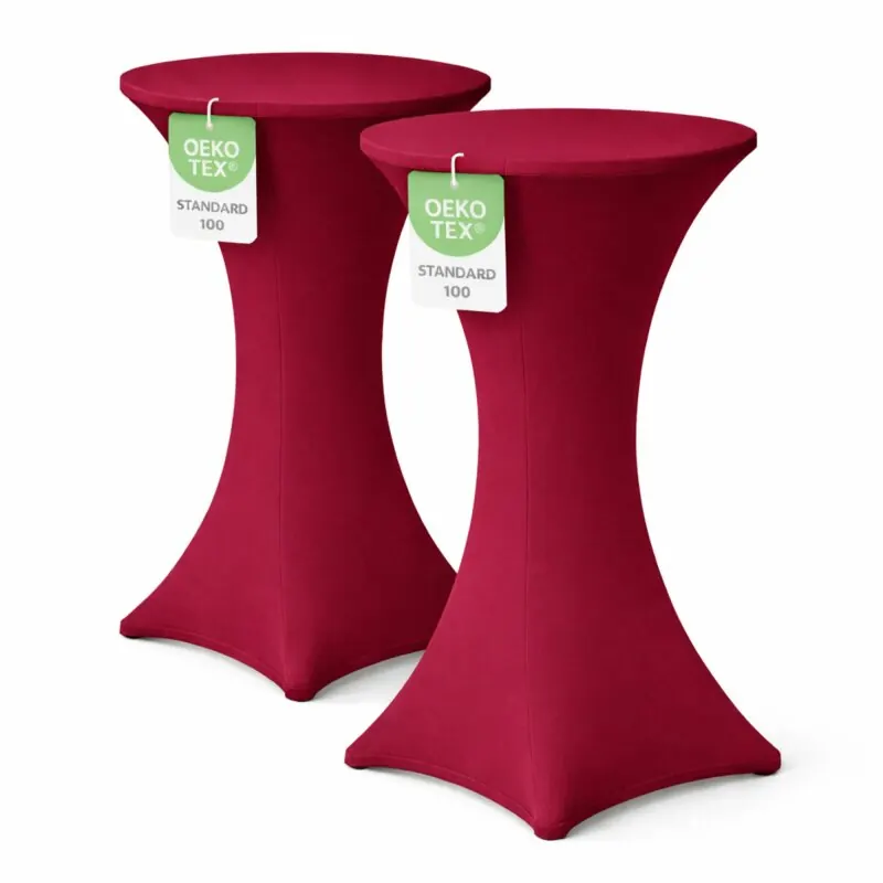 Stehtischhusse für Bistrotisch mit 4 verstärkten Fußlaschen elastisch Stretch OEKO-TEX zertifiziert  Ø 60-65x110-120 cm Bordeaux (2 Stück)