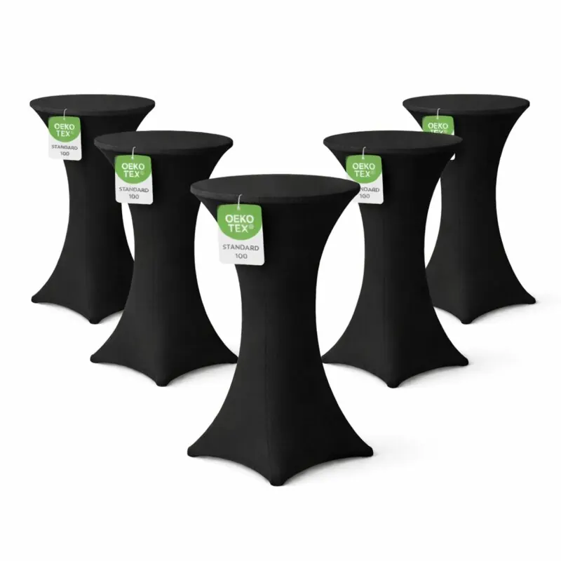 Stehtischhusse für Bistrotisch mit 4 verstärkten Fußlaschen elastisch Stretch OEKO-TEX zertifiziert  Ø 60-65x110-120 cm Schwarz (5 Stück)
