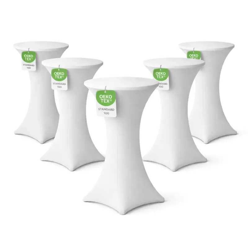 Stehtischhusse für Bistrotisch mit 4 verstärkten Fußlaschen elastisch Stretch OEKO-TEX zertifiziert  Ø 60-65x110-120 cm Weiss (5 Stück)