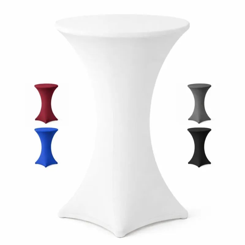 Stehtischhusse für Bistrotisch mit 4 verstärkten Fußlaschen elastisch Stretch OEKO-TEX zertifiziert  Ø 60-65x110-120 cm Weiss (1 Stück)