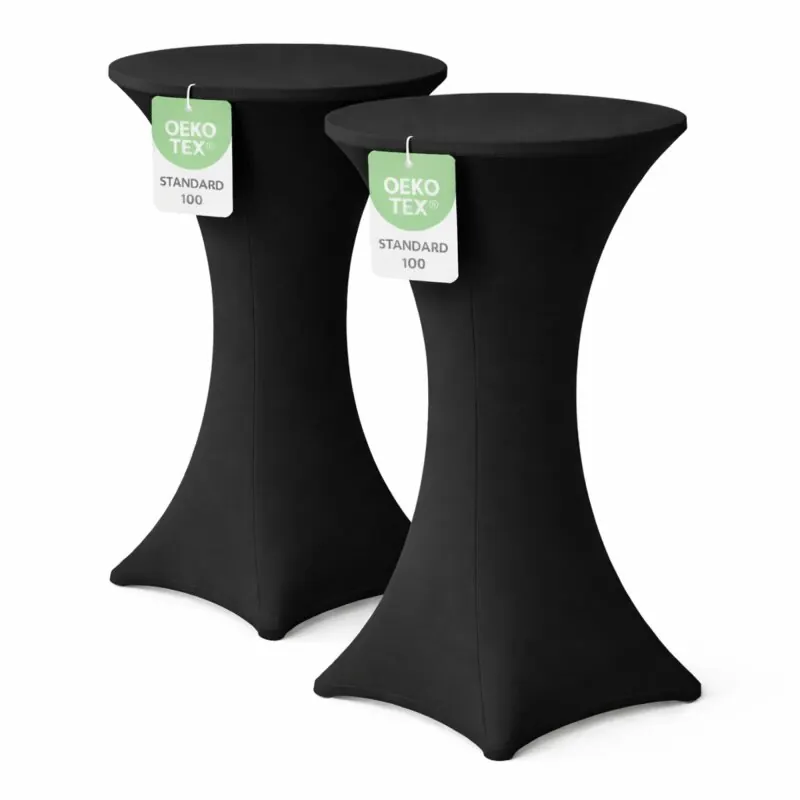 Stehtischhusse für Bistrotisch mit 4 verstärkten Fußlaschen elastisch Stretch OEKO-TEX zertifiziert  Ø 60-65x110-120 cm Schwarz (2 Stück)