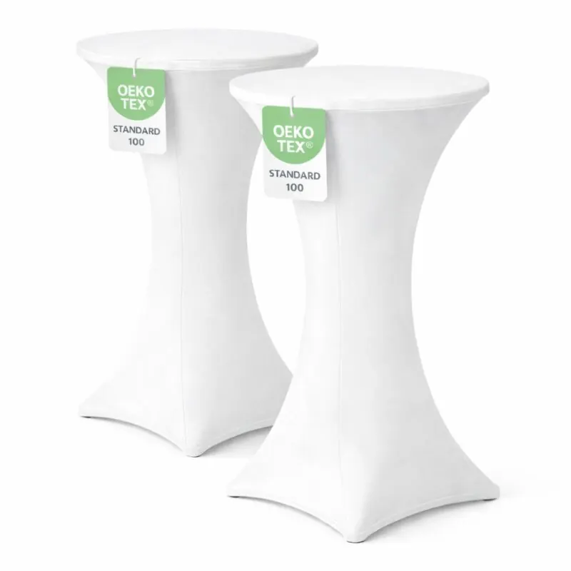 Stehtischhusse für Bistrotisch mit 4 verstärkten Fußlaschen elastisch Stretch OEKO-TEX zertifiziert  Ø 60-65x110-120 cm Weiss (2 Stück)