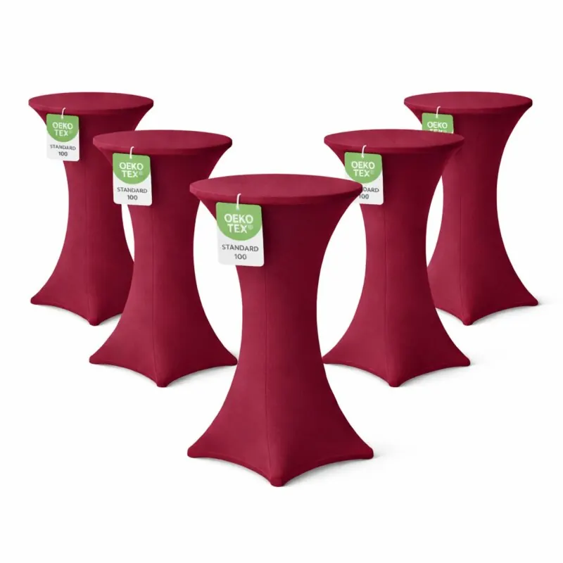 Stehtischhusse für Bistrotisch mit 4 verstärkten Fußlaschen elastisch Stretch OEKO-TEX zertifiziert  Ø 80-85x110-120 cm Bordeaux (5 Stück)