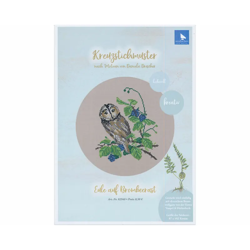 Stickvorlage: Eule auf Brombeerast, Acufactum