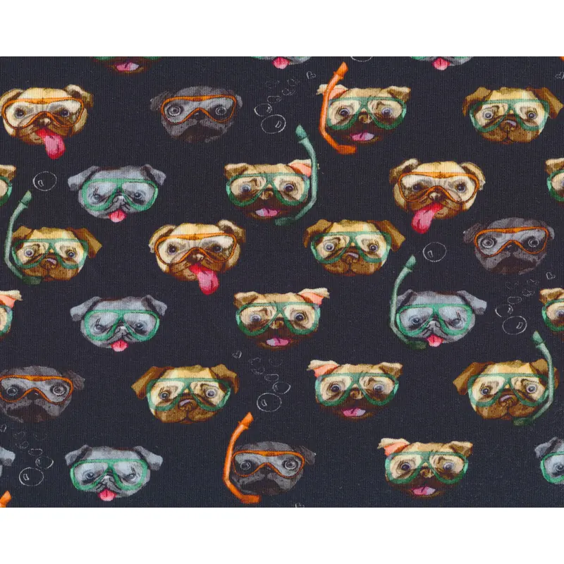 Sweatstoff MANNI MOPS, Möpse mit Taucherbrille, schwarz, Hilco