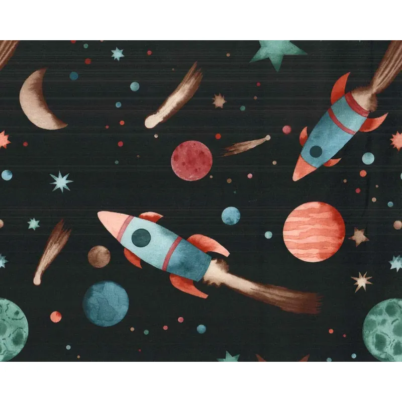 Sweatstoff SPACEROOM, Planeten und Rakete, schwarz, Hilco