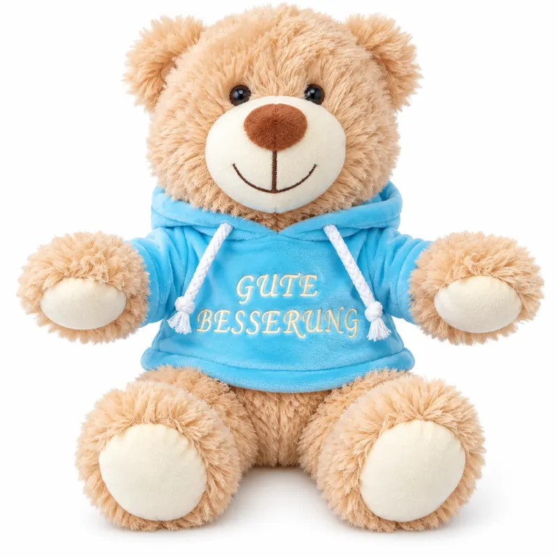 Teddybär Kuscheltier Stofftier Gute Besserung 33 cm mit blauem Kapuzenpullover