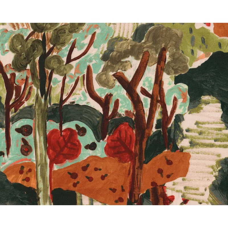 Viskose-Jersey LOTTIKA, Landschaft mit Bäumen, terracotta, Toptex