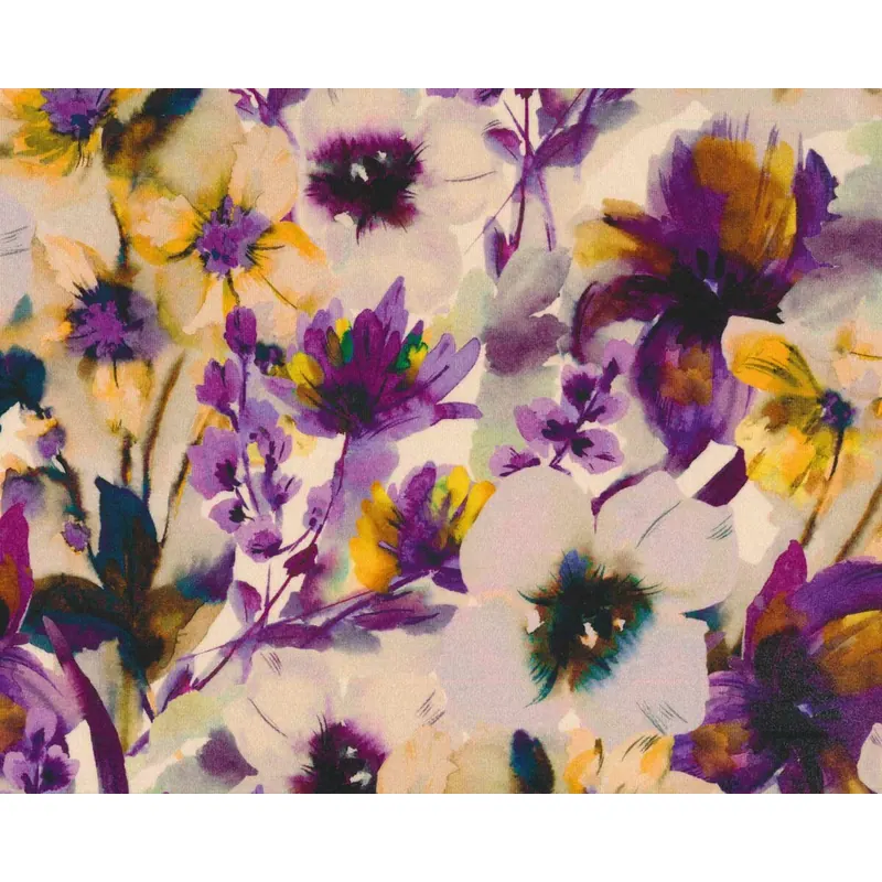 Viskosejersey HENNY, Aquarell-Blüten, lila-orange, Hilco