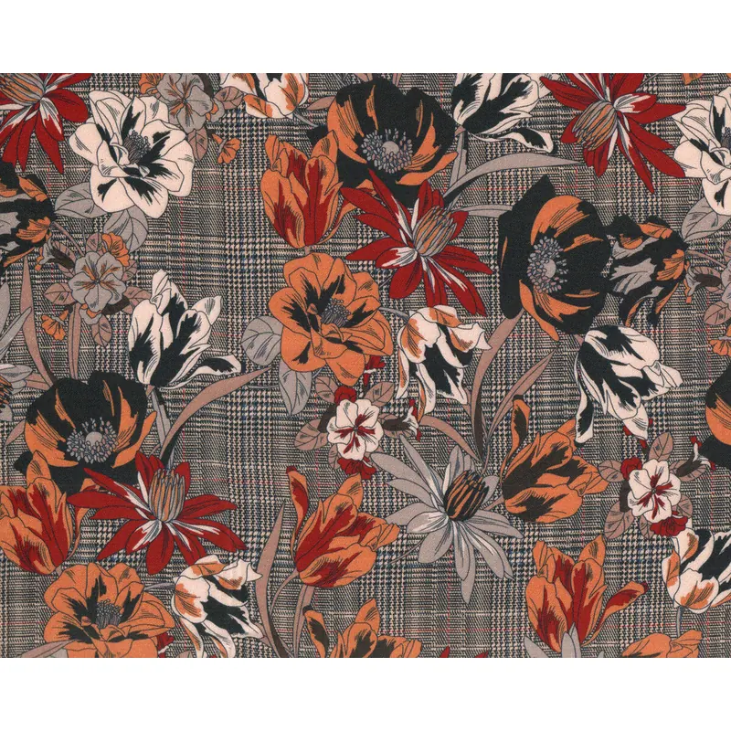 Viskosekreppstoff mit Glencheck-Druck BLUMEN, terracotta-hellbeige
