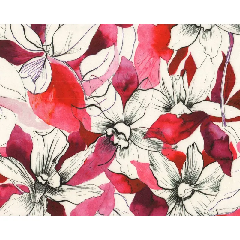 Viskosekreppstoff YARY, Aquarell-Blüten, fuchsia, Hilco