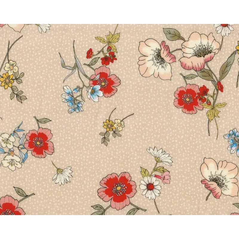 Viskosestoff FELICITA, Sommerblüten, hellbeige-rot