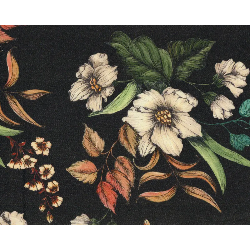 Viskosestoff KIRSI, Blüten, schwarz-silber metallic, Hilco