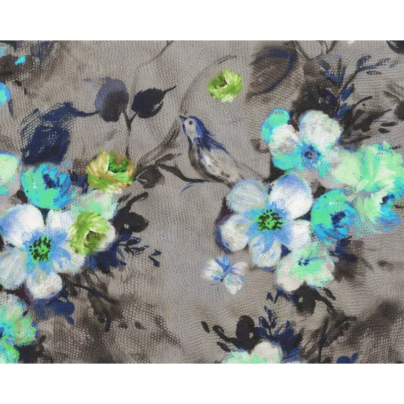Viskosestoff MELISSA, Schlangenhaut mit Blumen und Vögeln, mintgrün