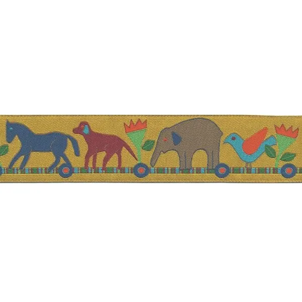 Webband ANIMAL TRAIN, Safaritiere auf Zugreise, 40 mm breit, goldgelb