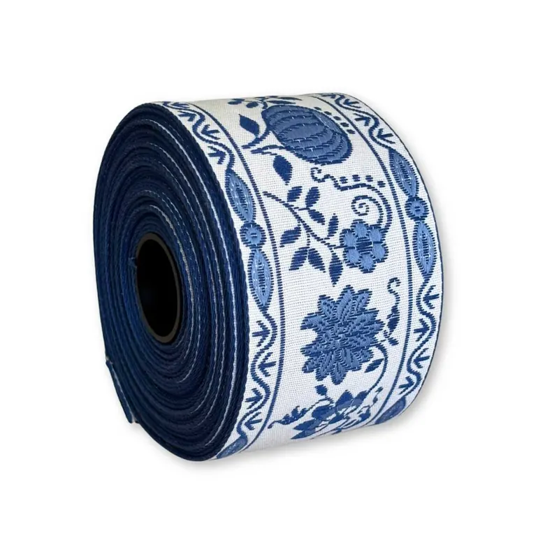 Webband BLUMENRANKEN, 65 mm breit, blau-weiß, Vaupel & Heilenbeck