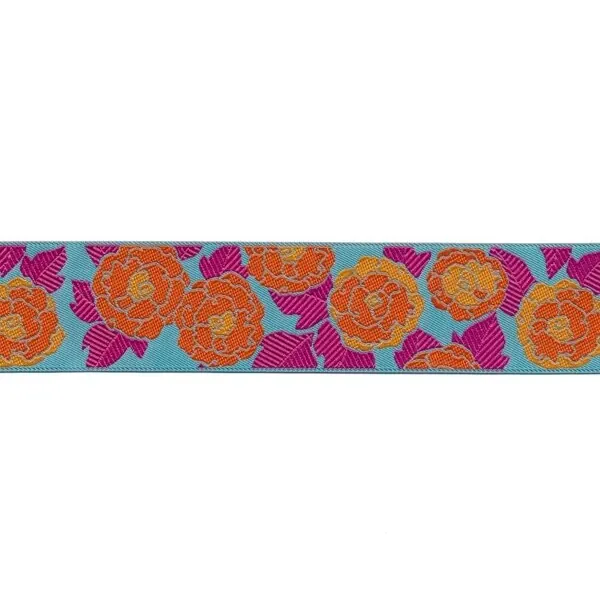 Webband CAMELIAS, Kamelien-Blüten, 38 mm breit, orange-fuchsia