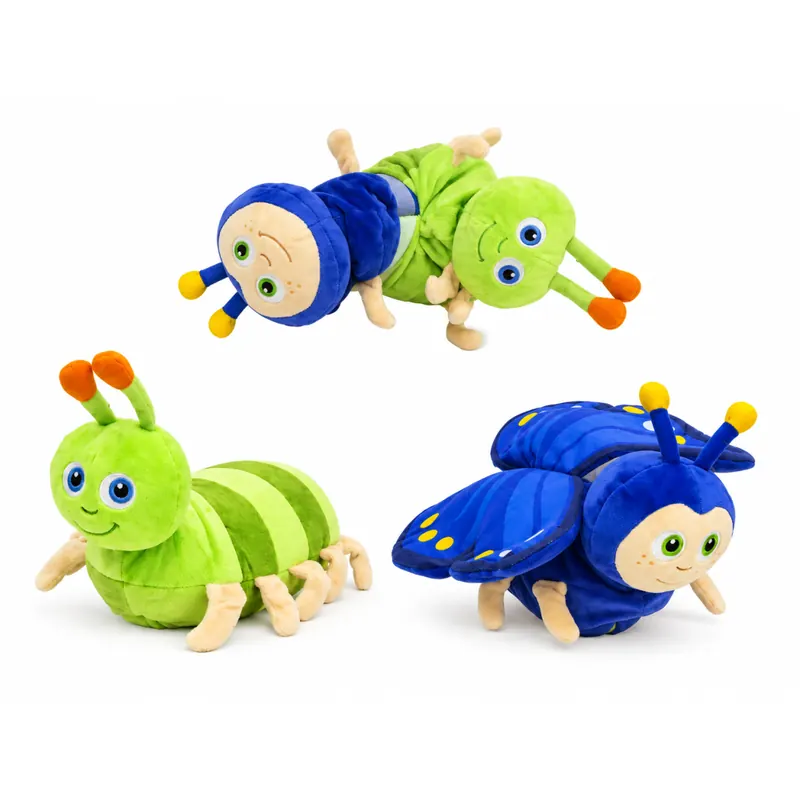 Wende Kuscheltier Wende Plüschtier 30 cm für Schmetterling Raupe blau grün für Mädchen, Jungen & Babys – Flauschiges Stofftier zum Spielen