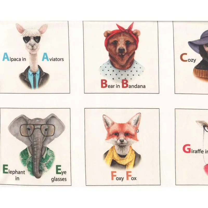 Zweigeteiltes Reststück 60-cm-Rapport Patchworkstoff ZOOTOPIA, Tier-ABC, Elizabeth's Studio
